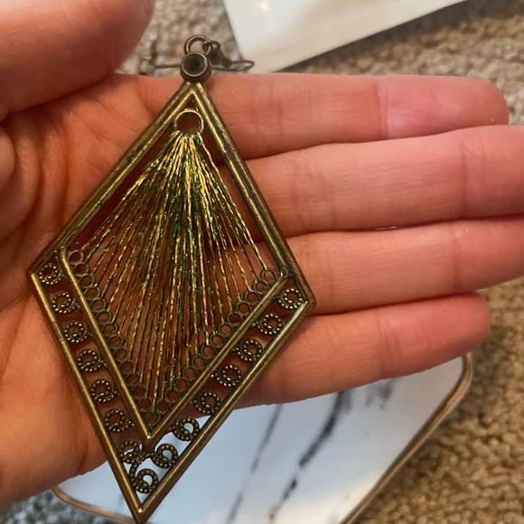 Brassy Gold Triangle Earrings with Colored Threads - Picture 4 of 4